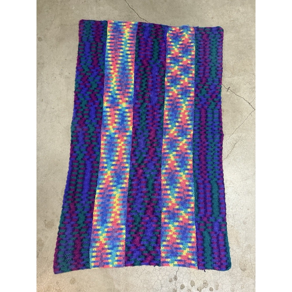 Handmade Crochet Throw Blanket 58x38 Variegated Yarn Optical Illusion Boho